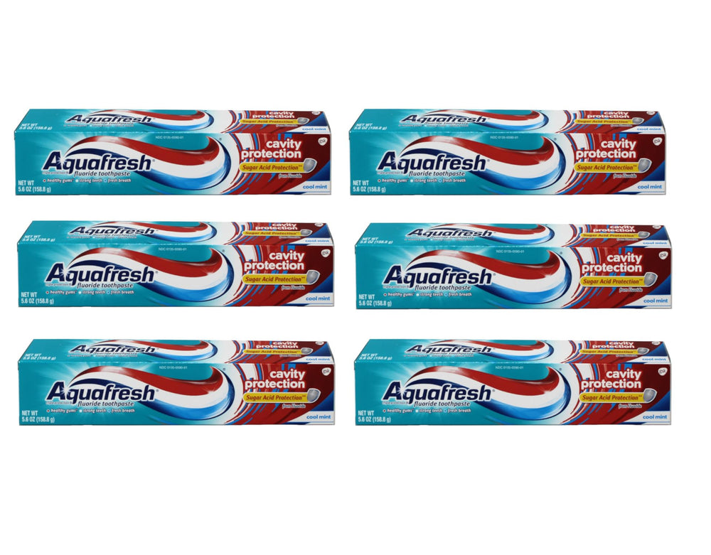 Aquafresh frente del tubo mostrando marca y empaque, beneficio de conveniencia