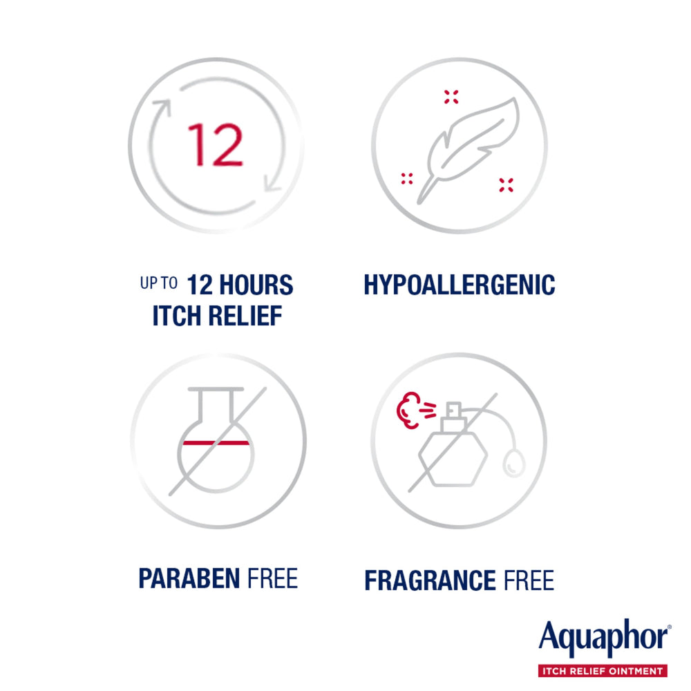 Etiqueta de Aquaphor con ingredientes y beneficio anti-comezón