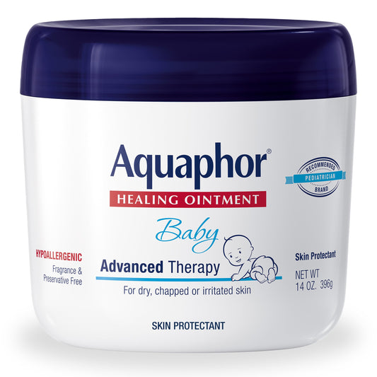 Aquaphor frasco 14 oz vista frontal mostrando tamaño y etiqueta para uso familiar