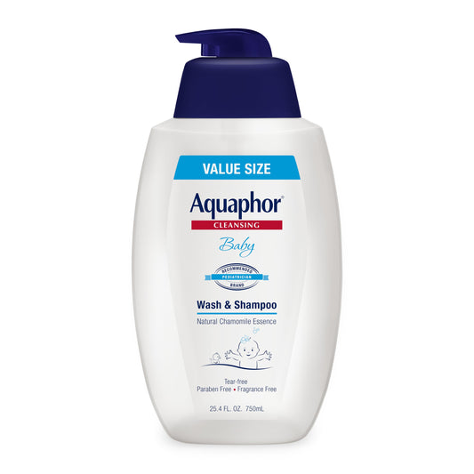 Aquaphor frente de la botella con dosificador, muestra facilidad de uso