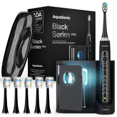 Aquasonic Black Series PRO vista frontal del cepillo mostrando diseño elegante y control