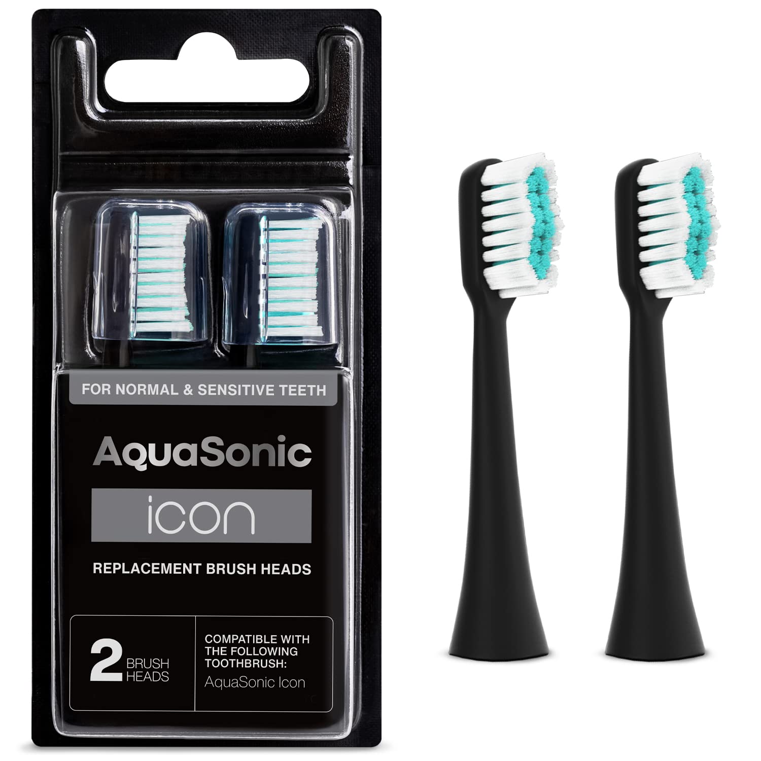 AquaSonic caja frontal Onyx mostrando dos cabezales y ventaja de repuesto