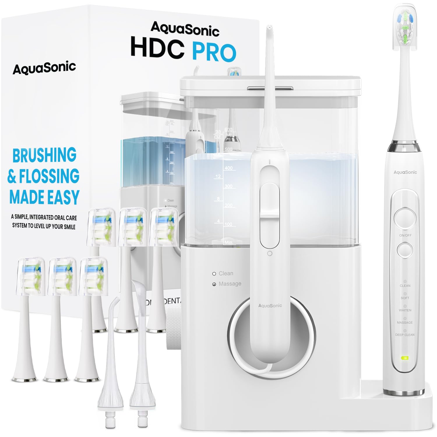 AquaSonic centro dental PRO frontal mostrando diseño compacto y ahorro de espacio