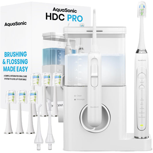AquaSonic centro dental PRO frontal mostrando diseño compacto y ahorro de espacio