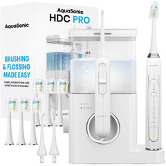 AquaSonic centro dental PRO frontal mostrando diseño compacto y ahorro de espacio