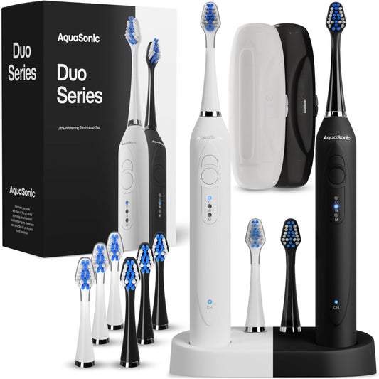 Aquasonic vista frontal del pack con accesorios y beneficio conveniencia