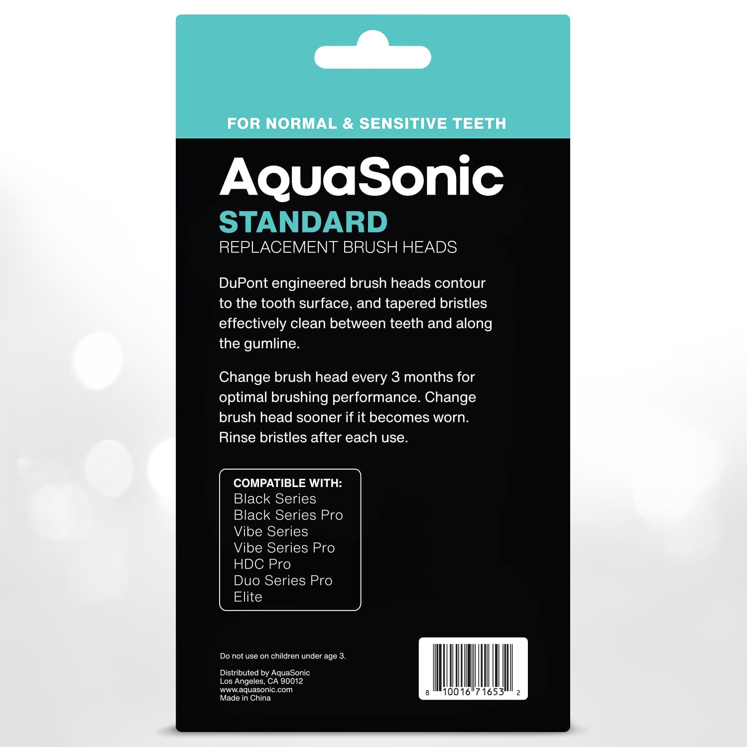 AquaSonic empaque y etiqueta mostrando especificaciones y confianza