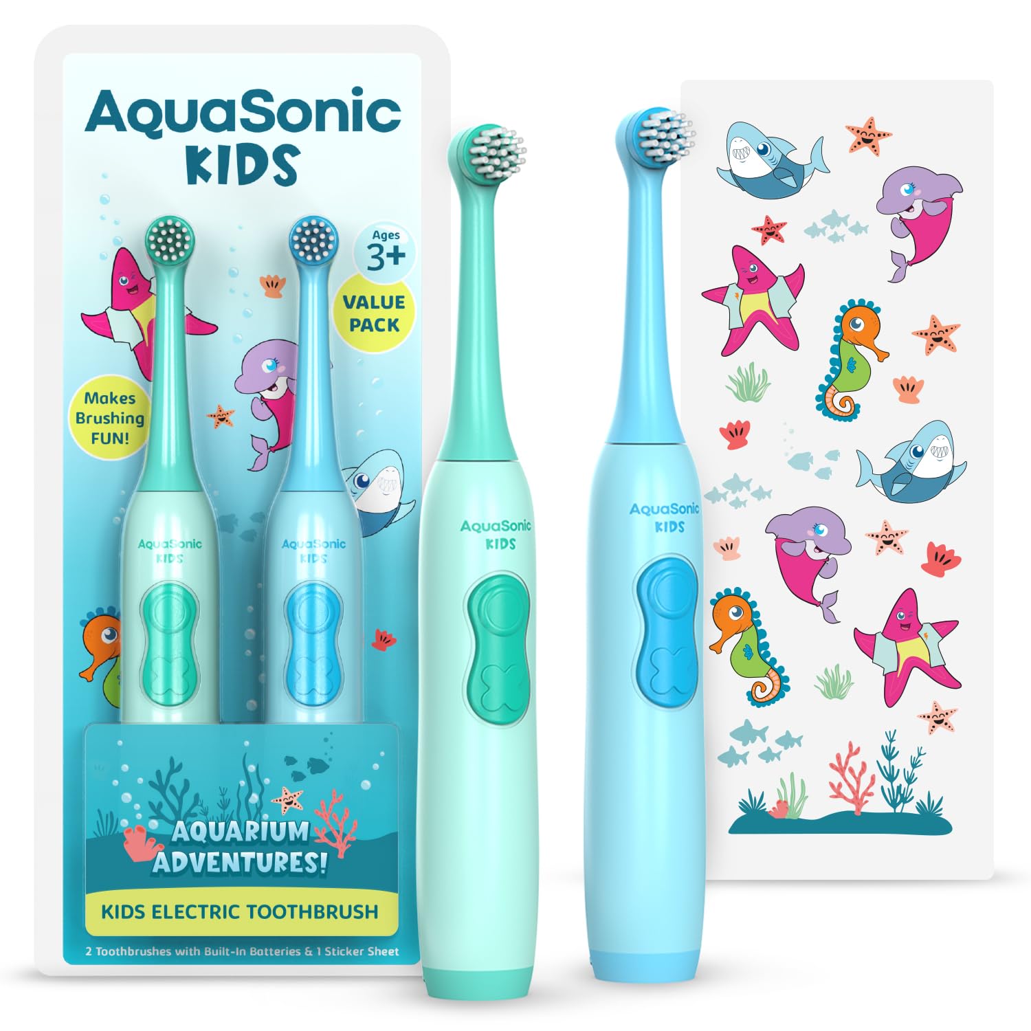 Aquasonic frente del empaque con diseño acuario que atrae al niño