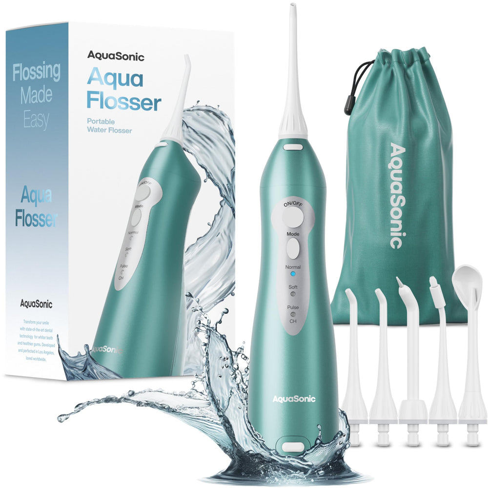 Aquasonic vista frontal del irrigador portátil con control de modos y diseño ergonómico