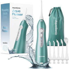 Aquasonic vista frontal del irrigador portátil con control de modos y diseño ergonómico