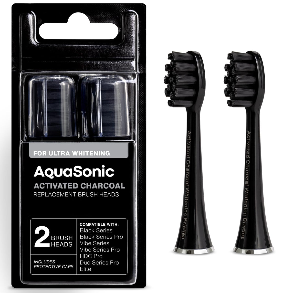 AquaSonic frente del pack de 2 cabezales negro mostrando ajuste preciso