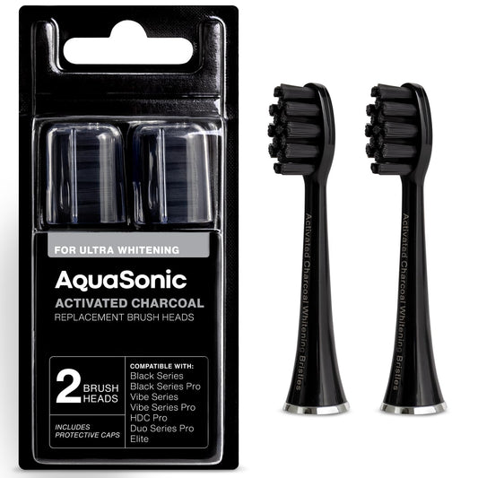 AquaSonic frente del pack de 2 cabezales negro mostrando ajuste preciso