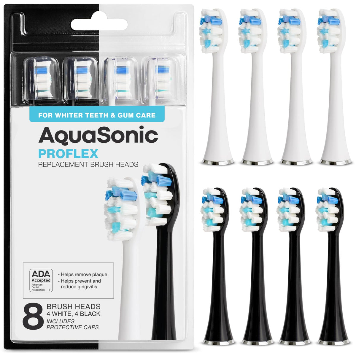 AquaSonic paquete frontal ProFlex mostrando 8 cabezales y ajuste fiable