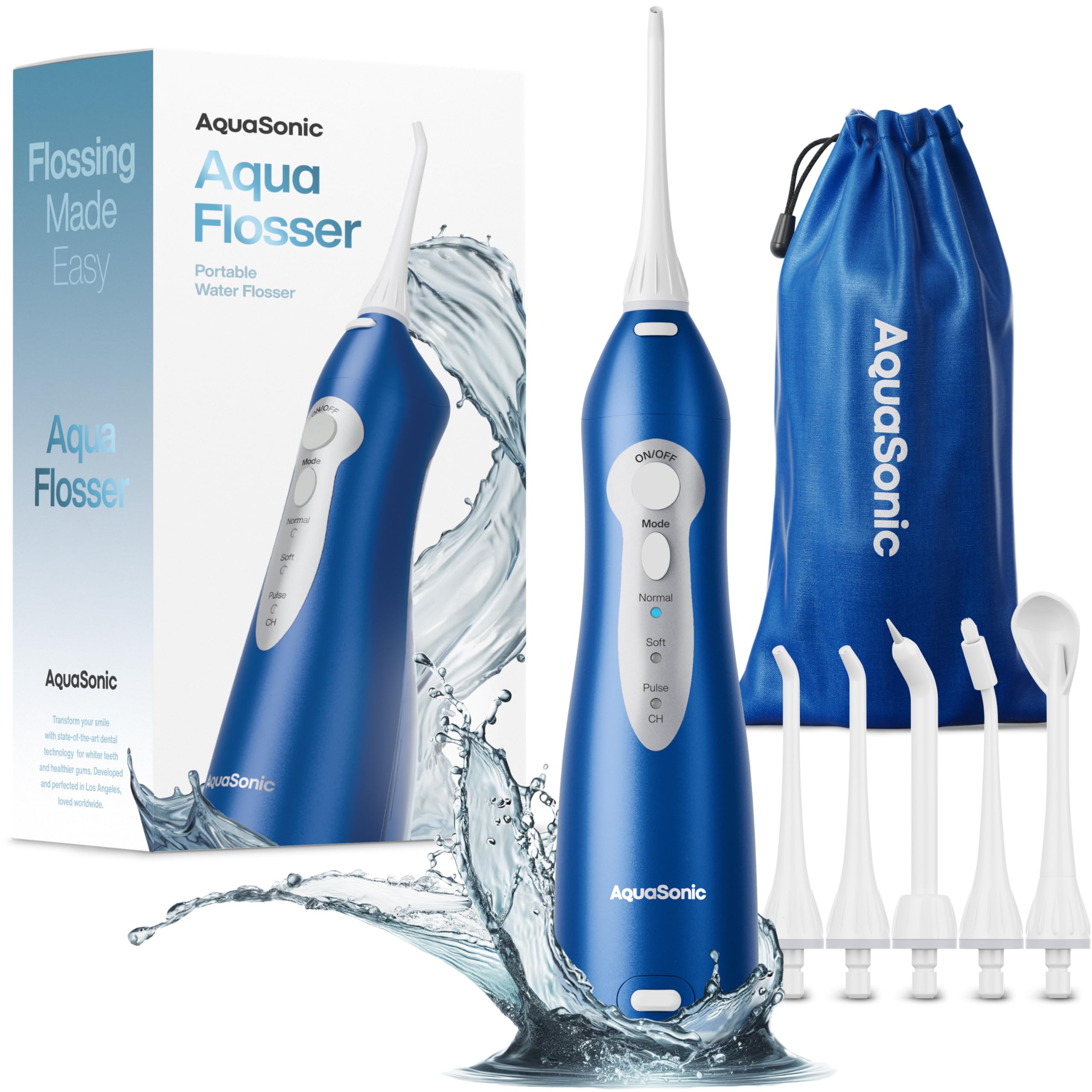 AquaSonic vista frontal del irrigador mostrando diseño ergonómico y beneficio limpieza rápida