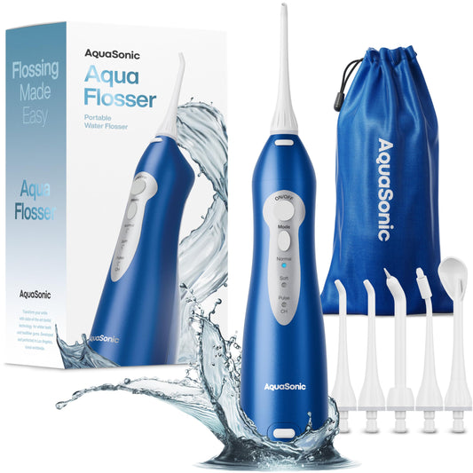 AquaSonic vista frontal del irrigador mostrando diseño ergonómico y beneficio limpieza rápida