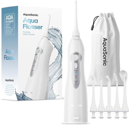 Aquasonic dispositivo frontal mostrando diseño portátil y beneficios de limpieza