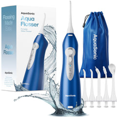 AquaSonic vista frontal del irrigador mostrando diseño ergonómico y beneficio limpieza rápida