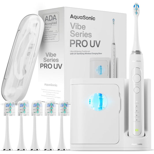 Aquasonic vista frontal del cepillo Optic White con diseño ergonómico y potencia