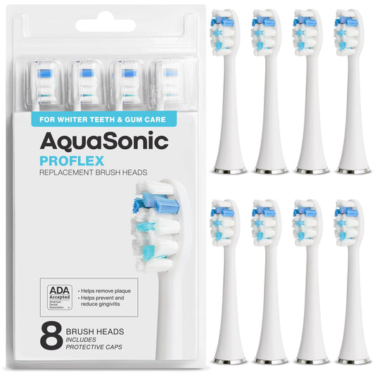 AquaSonic imagen frontal del paquete mostrando 8 cabezales, garantía de autenticidad