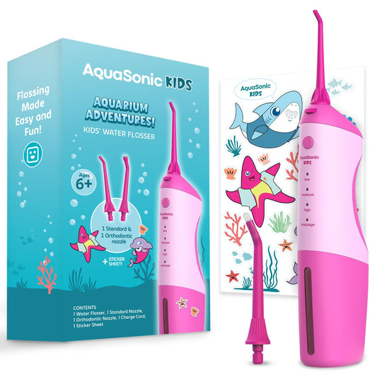 AquaSonic vista frontal del irrigador rosa mostrando diseño infantil y agarre