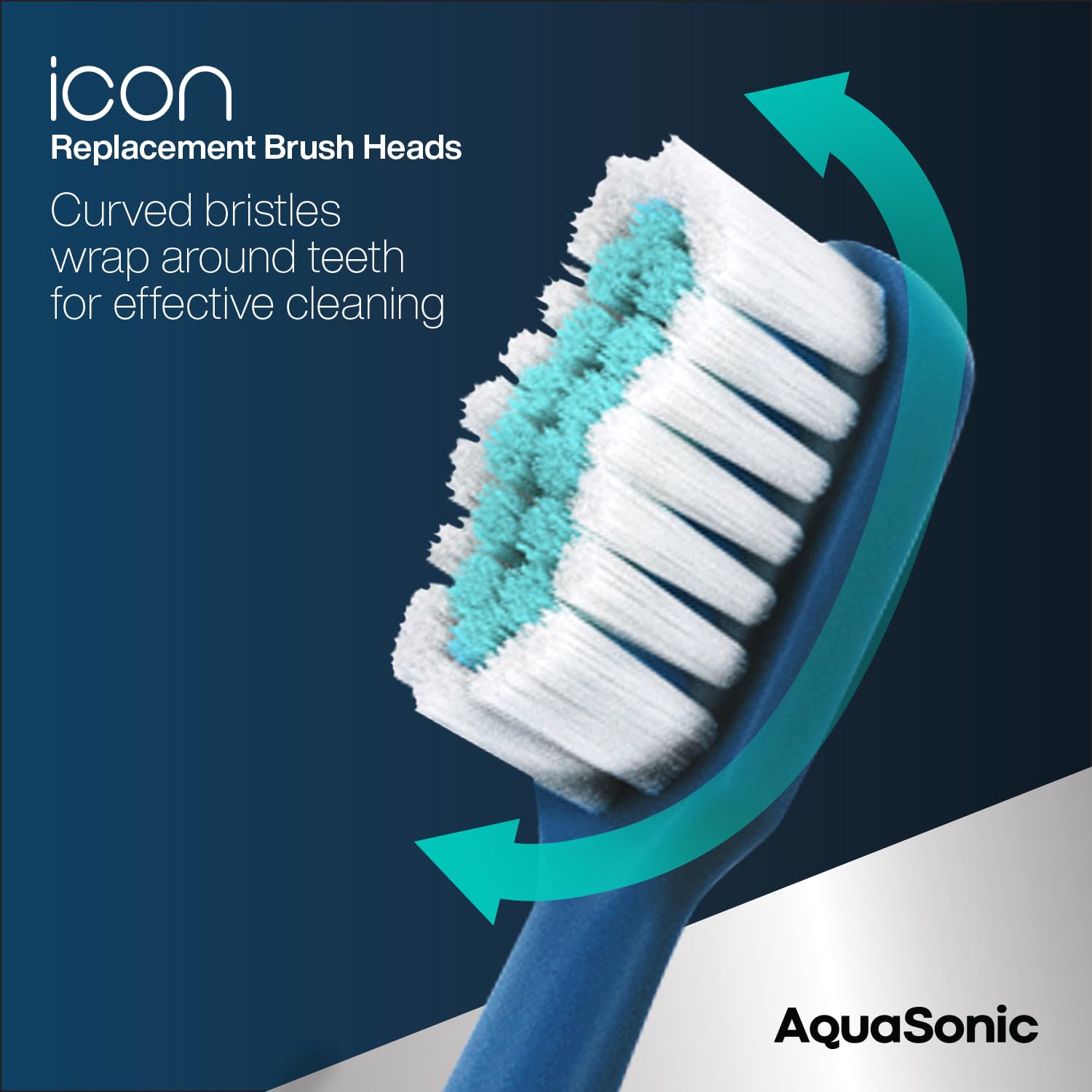 AquaSonic cabezal montado en mango Icon mostrando fácil encaje y uso
