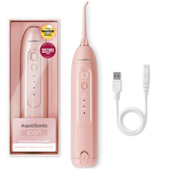 AquaSonic vista frontal del irrigador rosa blush con diseño elegante y portátil