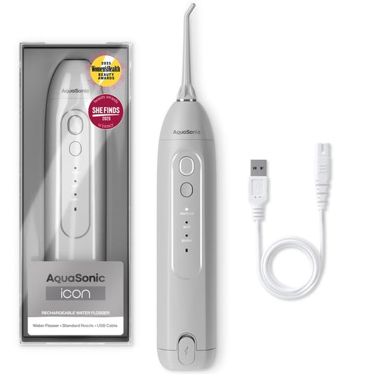 AquaSonic Icon vista frontal del irrigador con diseño elegante y portátil