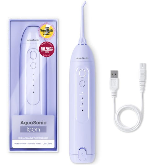 Aquasonic Icon vista frontal lilac mostrando diseño compacto y beneficios estéticos