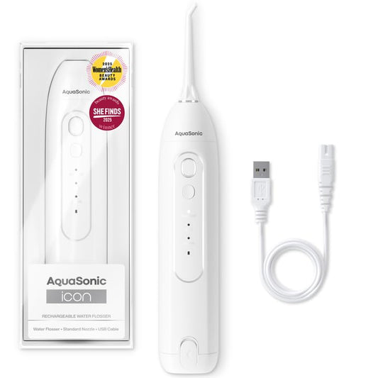 Aquasonic Icon vista frontal elegante y portátil, mejora limpieza diaria