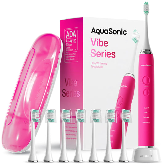 Aquasonic cepillo frontal en Electric Pink mostrando diseño y beneficio estético