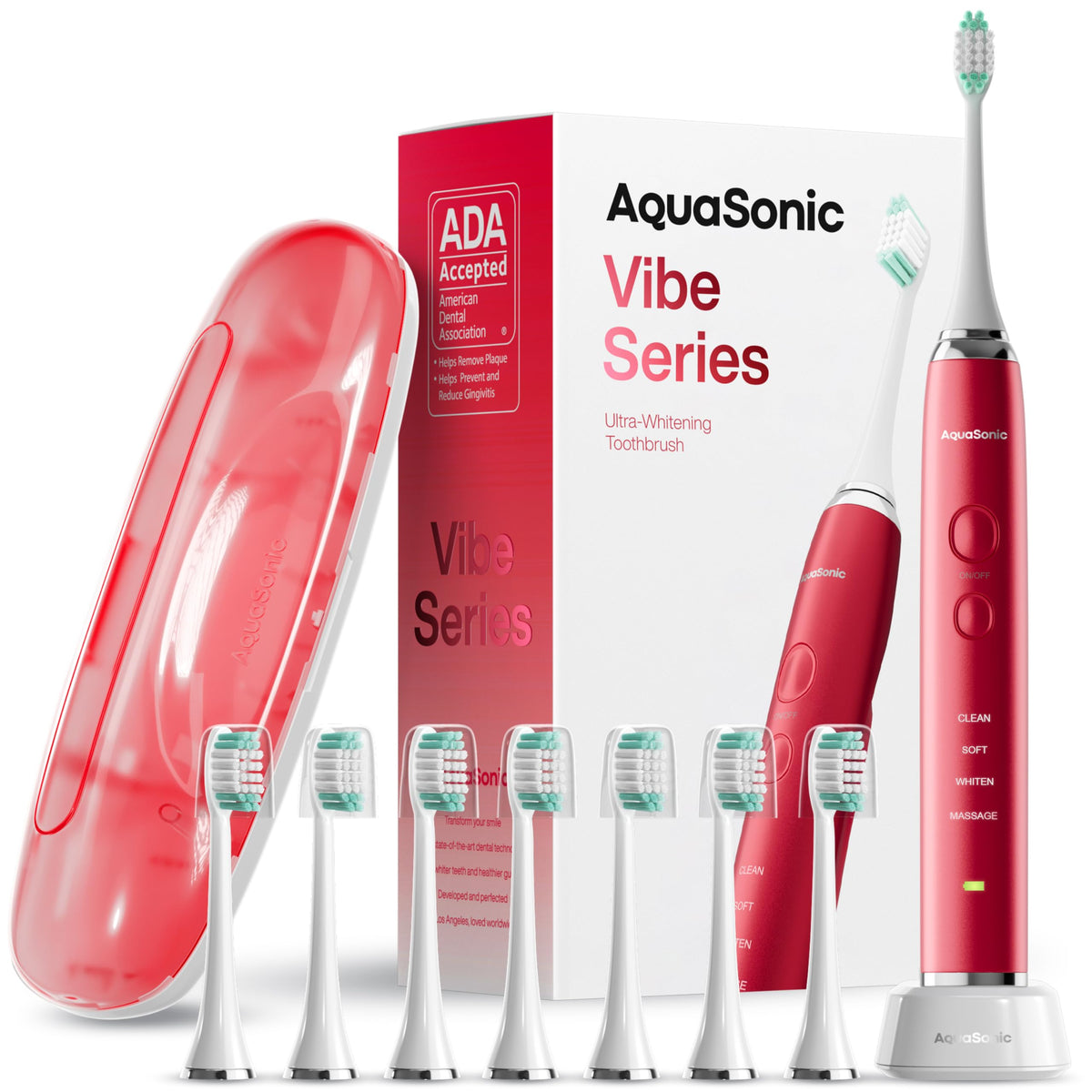 Aquasonic Vibe vista frontal mostrando el mango ruby y ergonomía, mejora la experiencia diaria