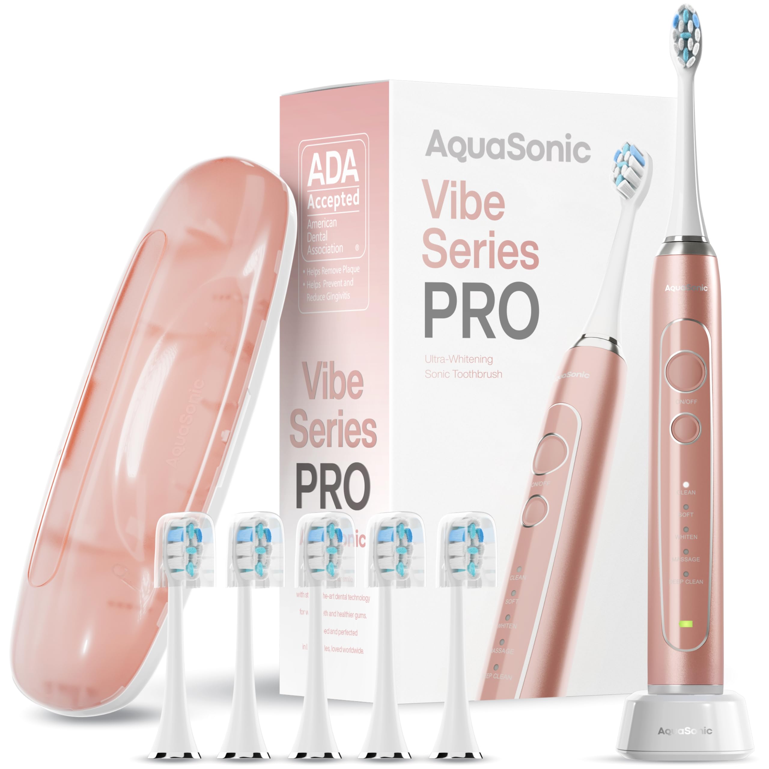 Aquasonic Vibe Series PRO vista frontal con diseño Rose Gold y control eficiente