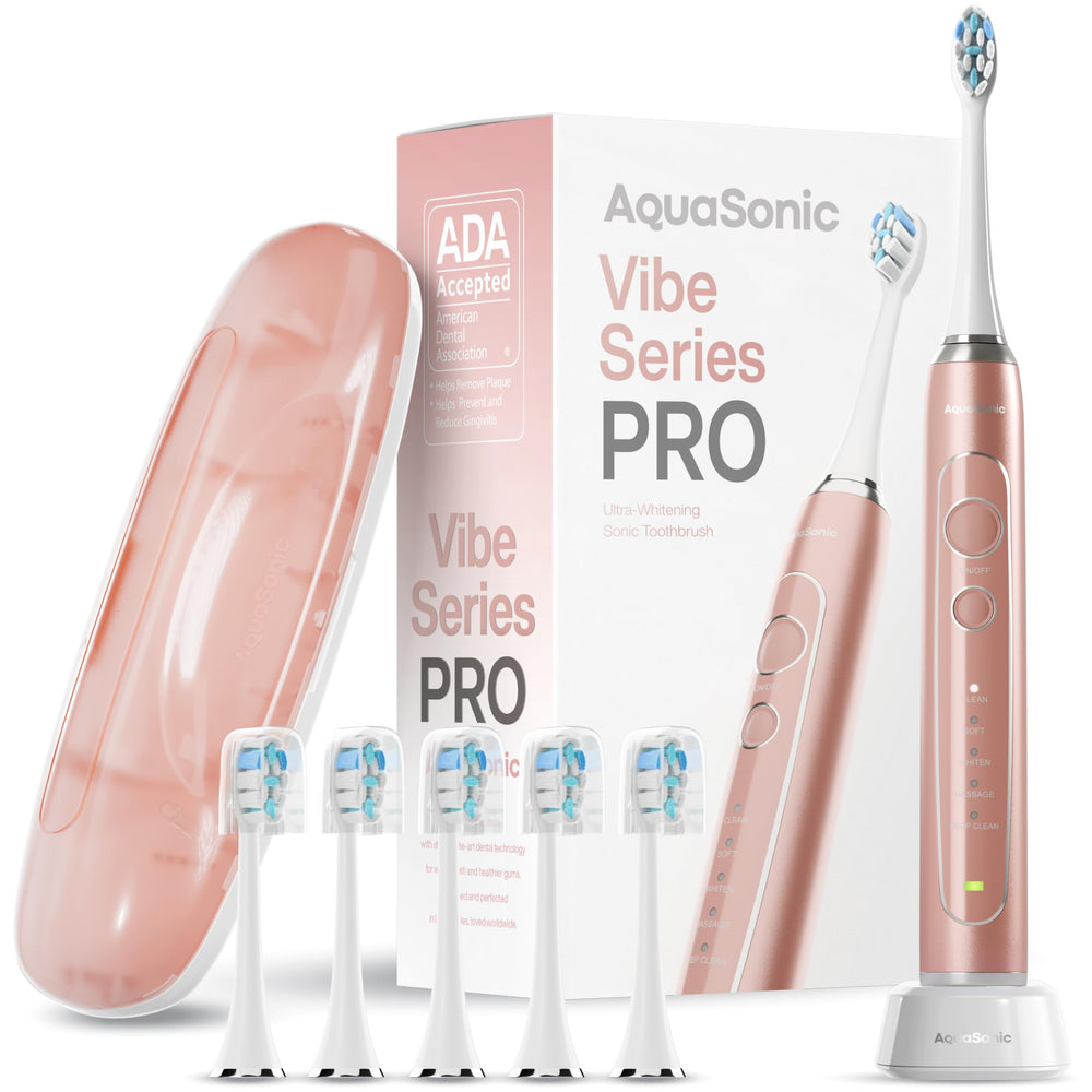 Aquasonic Vibe Series PRO vista frontal con diseño Rose Gold y control eficiente