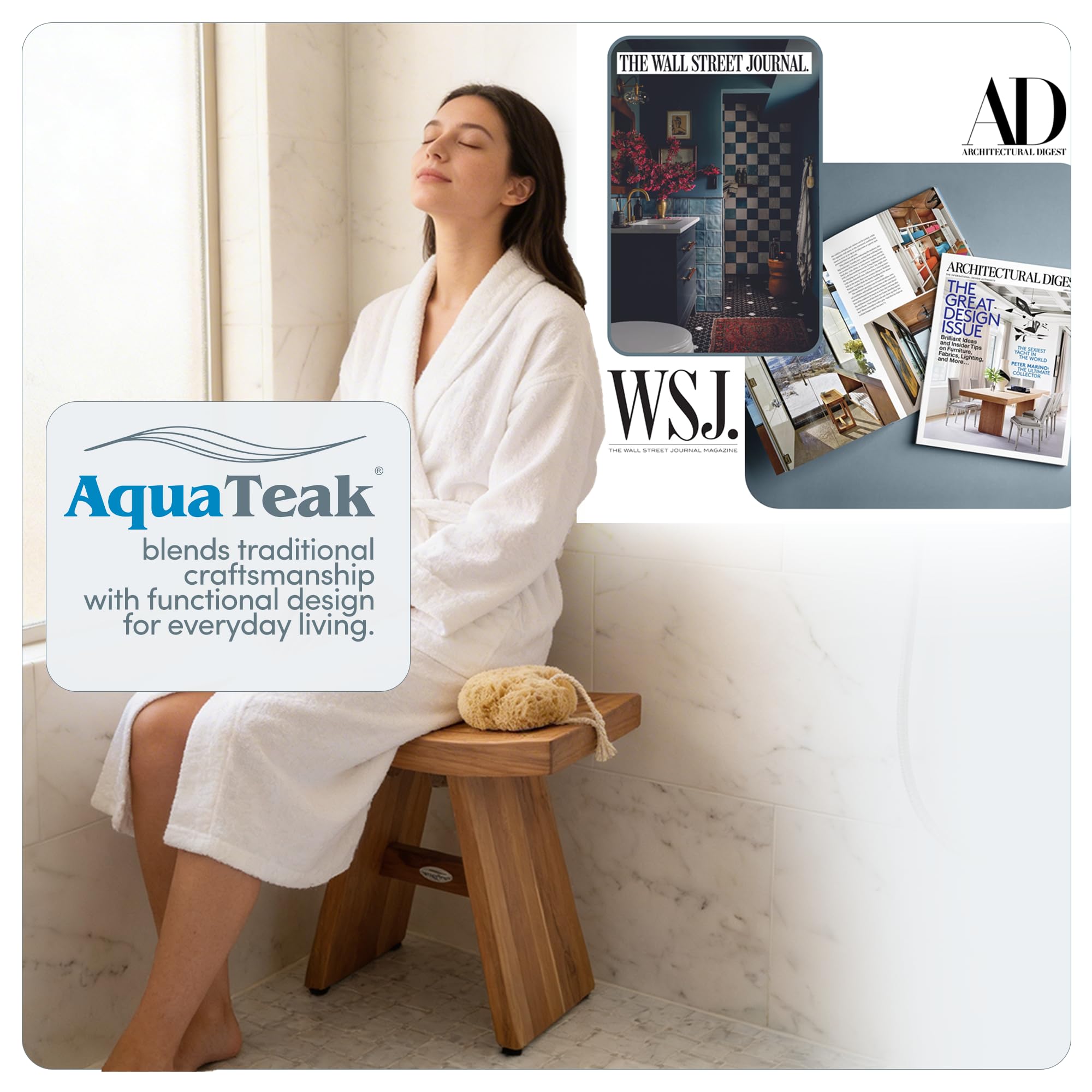 AquaTeak Asia en ambiente de baño mostrando aspecto cálido y ordenado