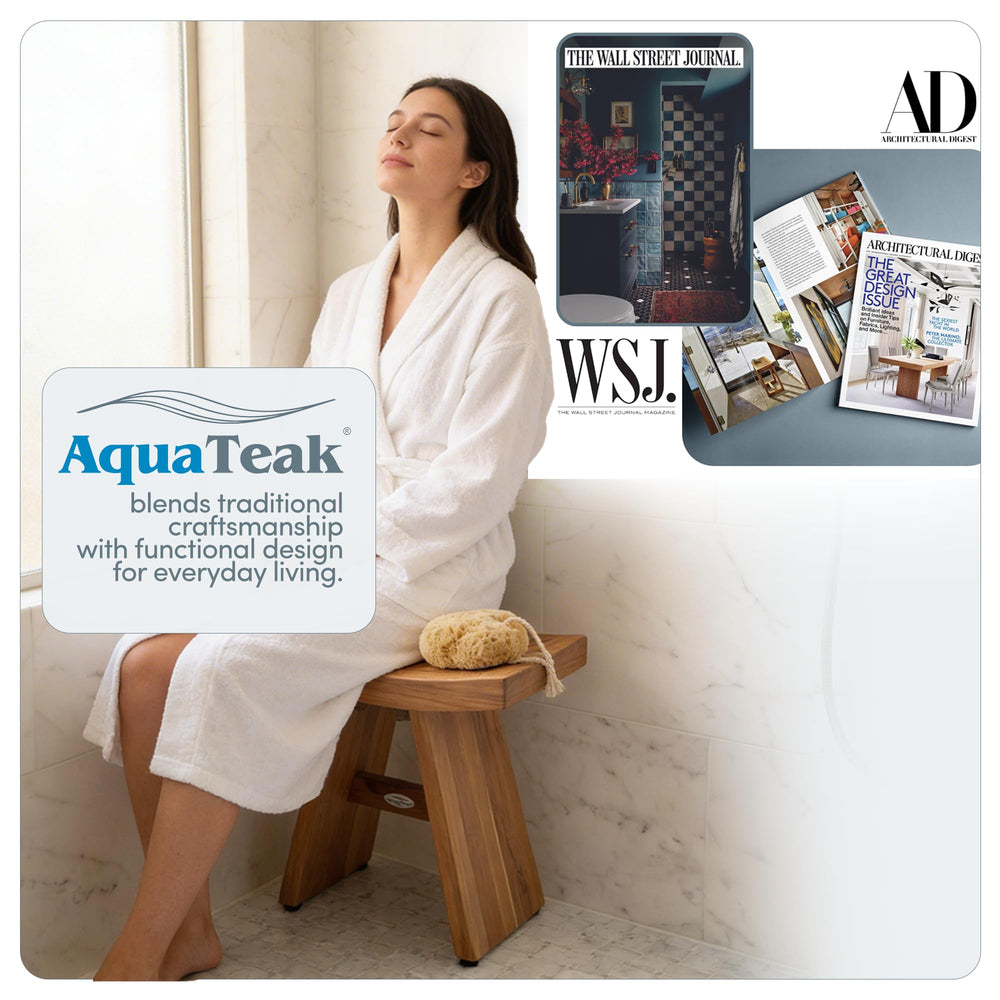 AquaTeak Asia en ambiente de baño mostrando aspecto cálido y ordenado