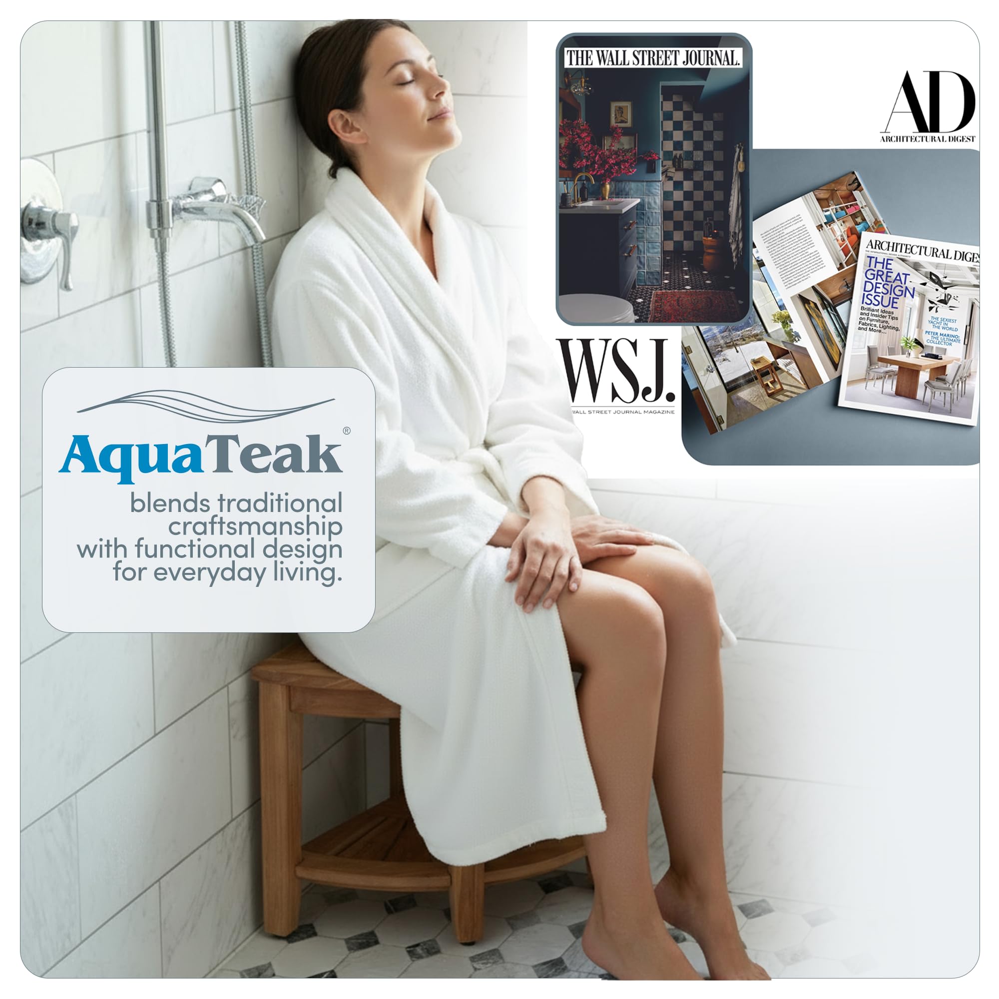 AquaTeak banco esquinero en baño moderno aportando calidez