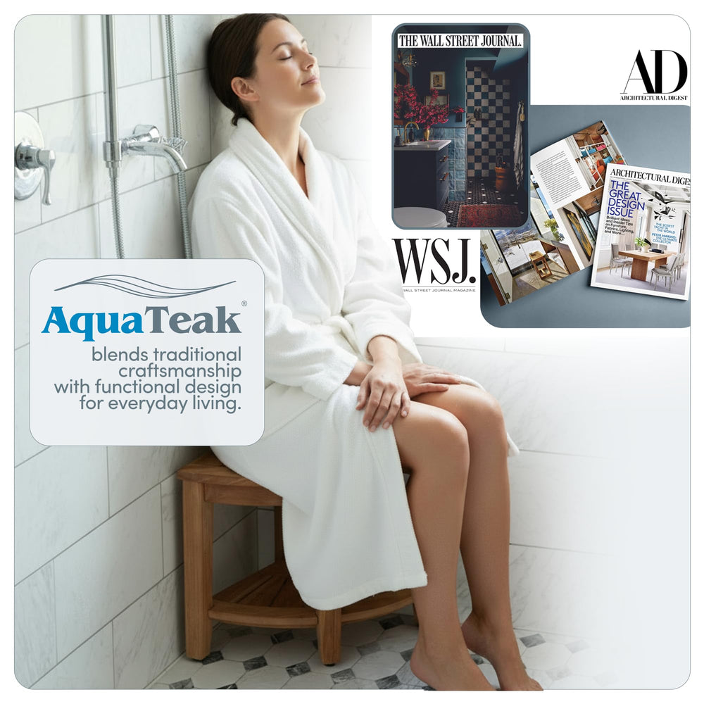 AquaTeak banco esquinero en baño moderno aportando calidez