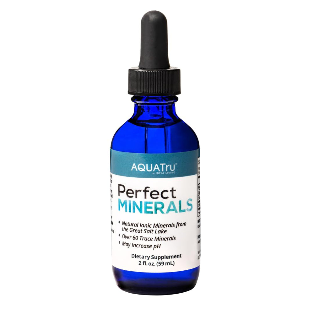 AquaTru botella frontal de Perfect Minerals mostrando etiqueta clara y beneficios