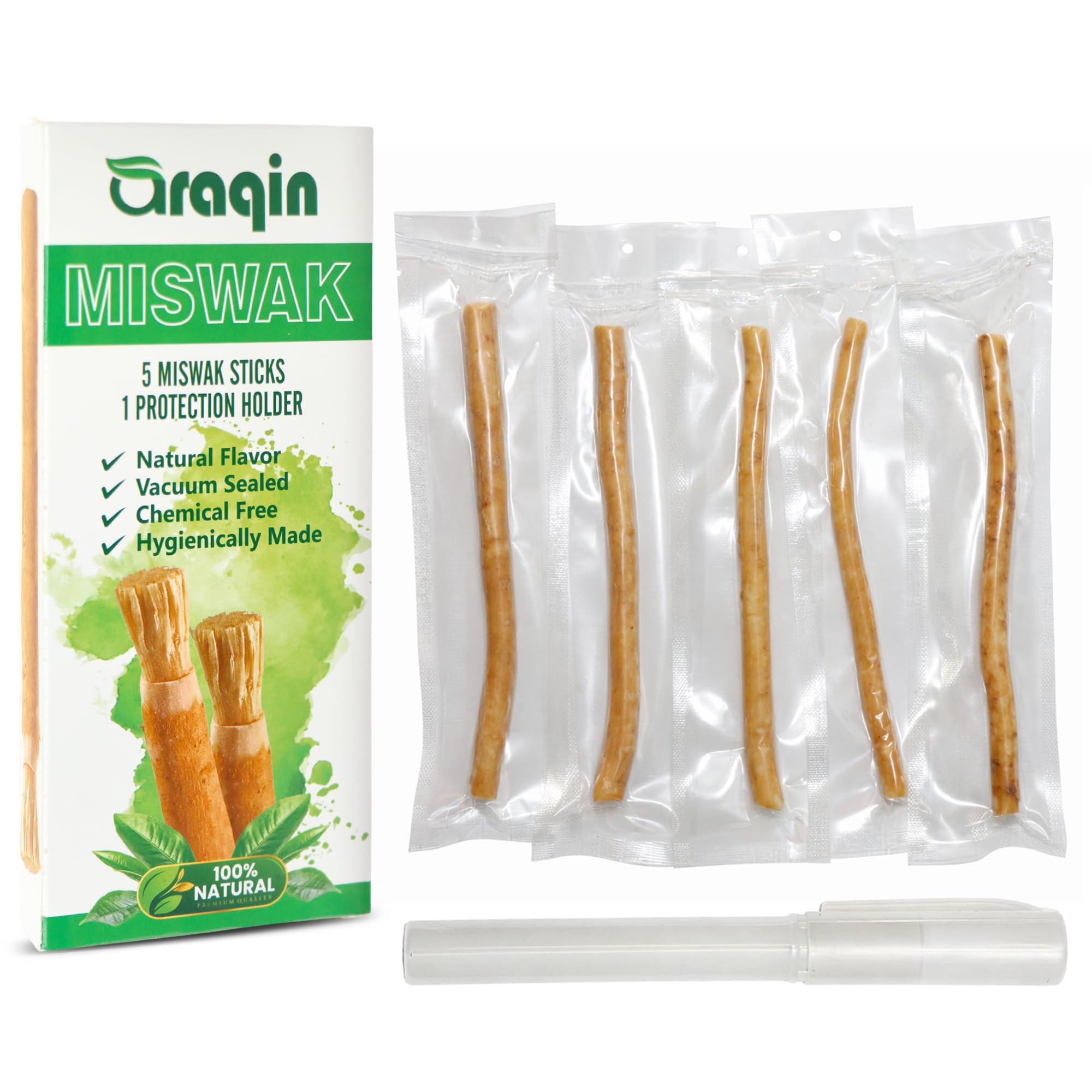 ARAQIN detalle de textura del palito miswak mostrando fibras limpias y naturales