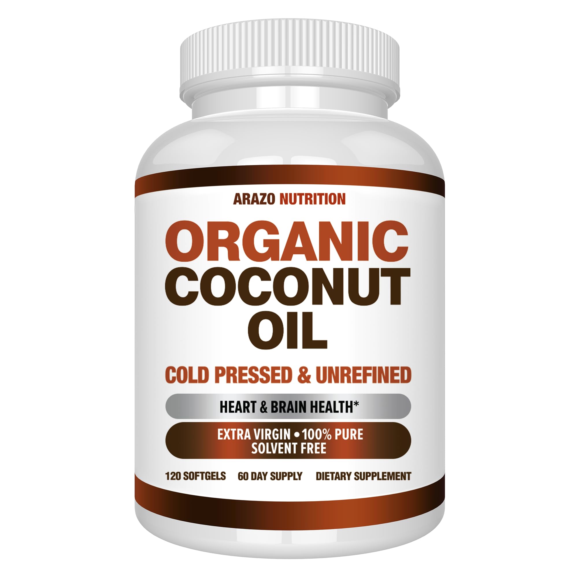 Arazo Nutrition envase frontal de aceite de coco orgánico, comodidad en cápsulas