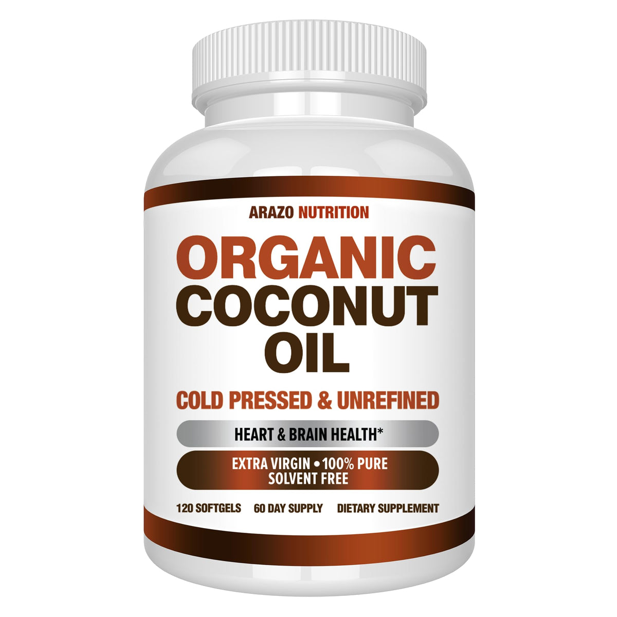 Arazo Nutrition envase frontal de aceite de coco orgánico, comodidad en cápsulas