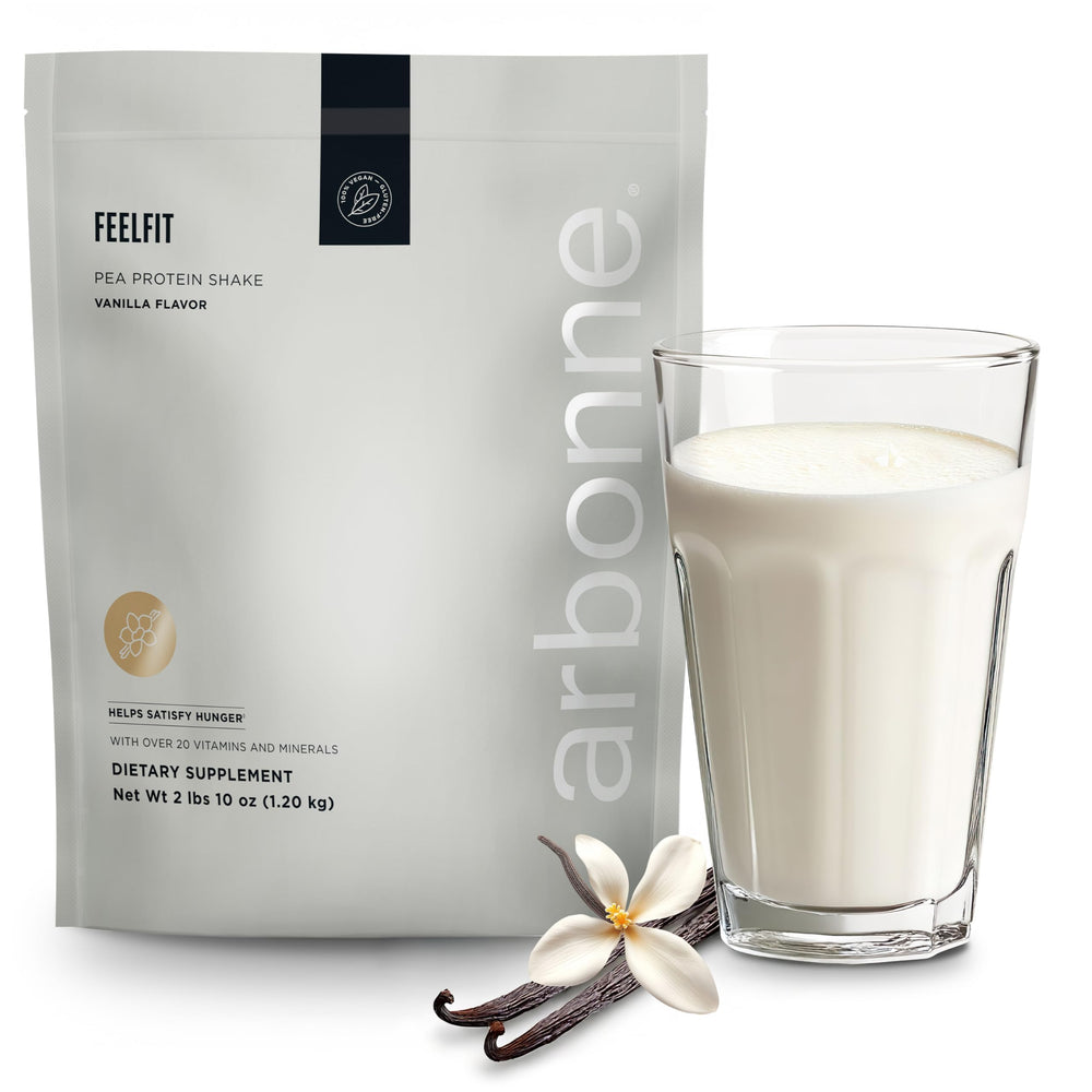 Arbonne Feelfit Vainilla frente del envase muestra diseño y beneficios