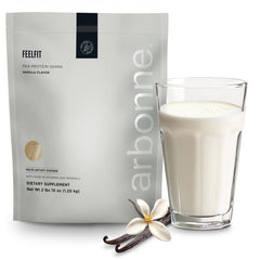 Arbonne Feelfit Vainilla frente del envase muestra diseño y beneficios