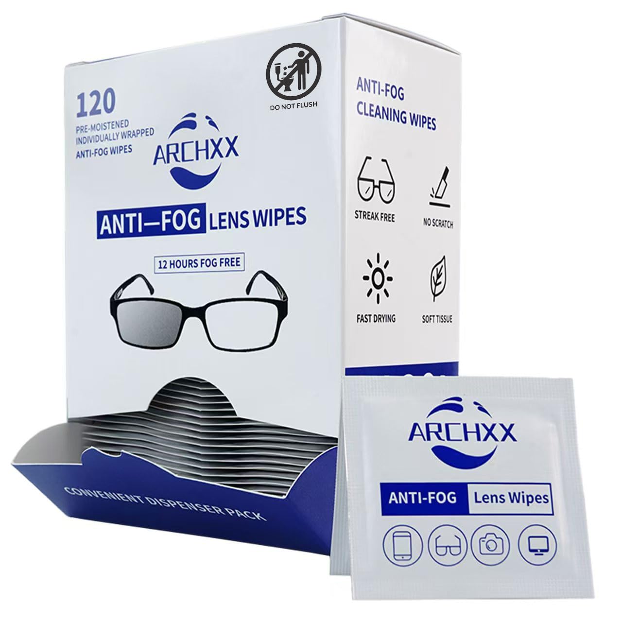 ARCHXX empaque frontal mostrando 120 toallitas para limpieza y antivaho