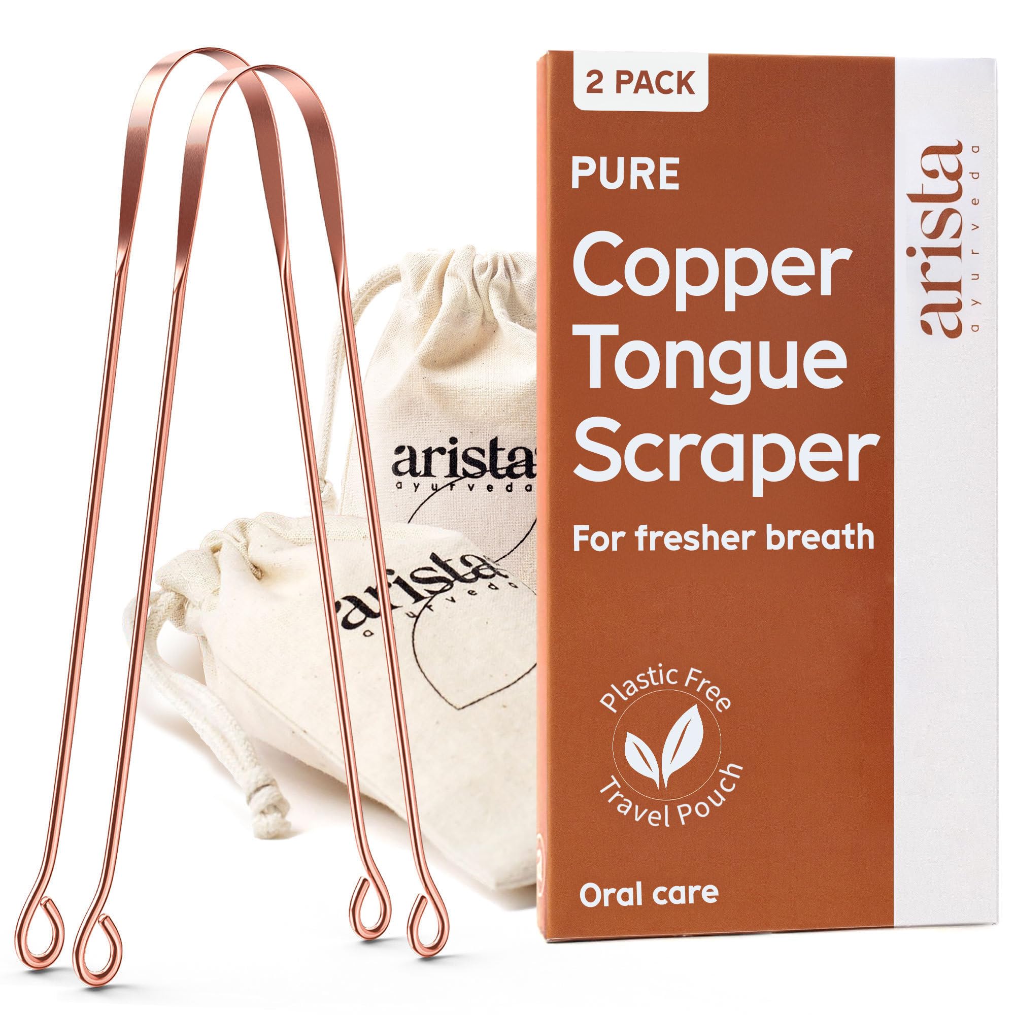 Arista ayurveda vista frontal del pack con dos raspadores de cobre para higiene rápida