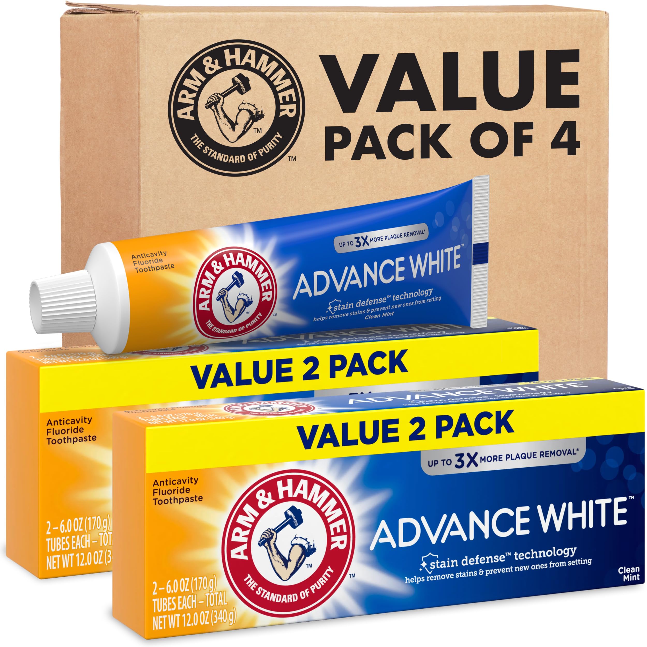 Arm & Hammer vista frontal del empaque mostrando 4 tubos y beneficio de valor