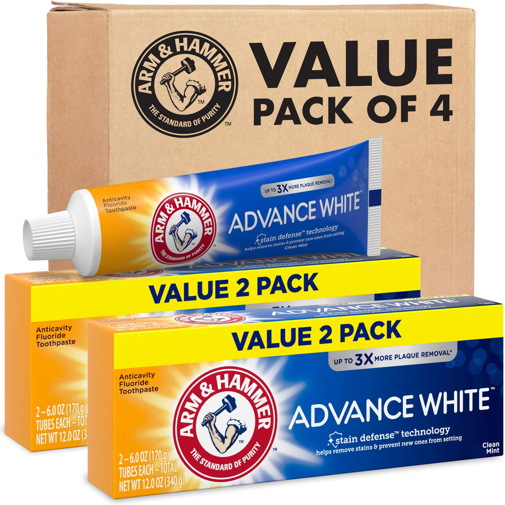 Arm & Hammer vista frontal del empaque mostrando 4 tubos y beneficio de valor