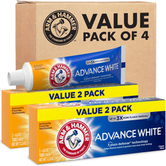 Arm & Hammer vista frontal del empaque mostrando 4 tubos y beneficio de valor
