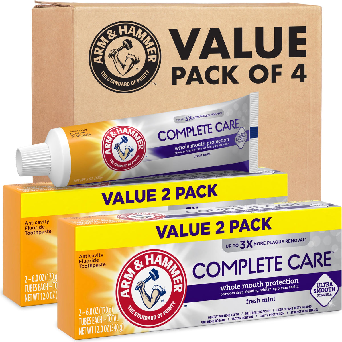 Arm & Hammer frente del empaque mostrando pack de cuatro tubos y beneficio limpieza profunda