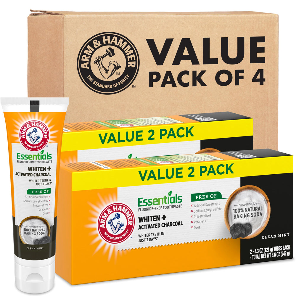 Arm & Hammer empaque frontal destacando blanqueado y bicarbonato natural